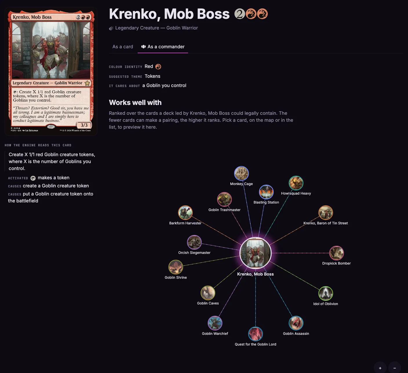 The commander page for Krenko, Mob Boss: the card, how the engine reads it, what it cares about, and a map of the cards that work well with it.