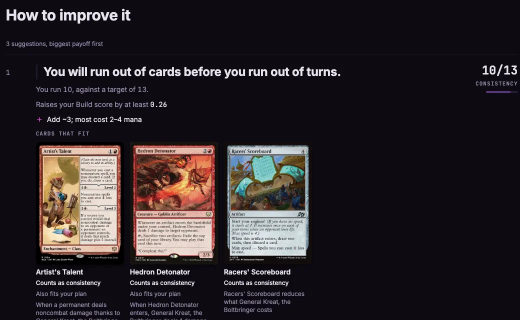 The suggestions chapter: you will run out of cards before you run out of turns, 10 against a target of 13, with three cards that fit shown as card images, each saying what it counts as and how it works with the deck.